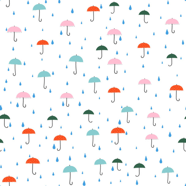 Umbrellas - seamless pattern. Small colorful umbrellas, raindrops. Drawing in retro style. Background, texture, seamless pattern for packaging, gift paper, boxes with surprise, fabric, textile, website elements, apps. Vector image. - Vektor, kép