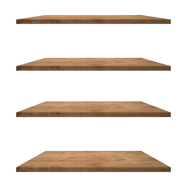 4 Wood shelves table isolated on white background and display montage for product. - Photo, Image