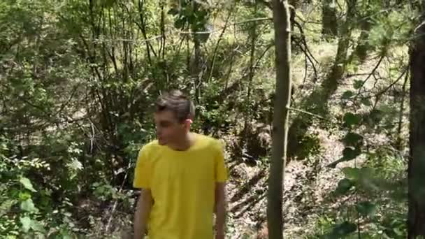 A young man in a T-shirt is walking through the woods. - Video