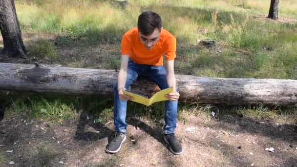 Genç adam ormanda bir ağaçta otururken bir kitap okuyor. - Video, Çekim