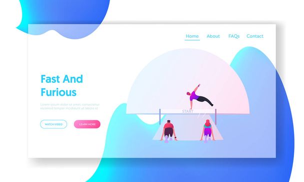 Leadership, Sport Challenge, Sprint on Stadium, Chase Landing Page Template. Business People або Sportsmen Characters Running with Obstacles Competition, Jump over Barrier Cartoon Vector Illustration - Вектор, зображення