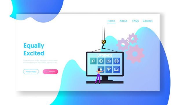 Program Upgrading Landing Page Template. Tiny Female Character at Huge Computer Desktop Touching App Buttons to Upgrade Applications, Building Crane Pull Up Pc Monitor. Cartoon Vector Illustration - Vector, Image