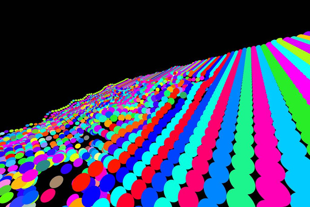 Mehrfarbige fluoreszierende Runden im 3D-Raum ausgerichtet mit schwarzem Hintergrund neonfarbene Kugeln, Coronavirus Hintergrundfluo - Foto, Bild