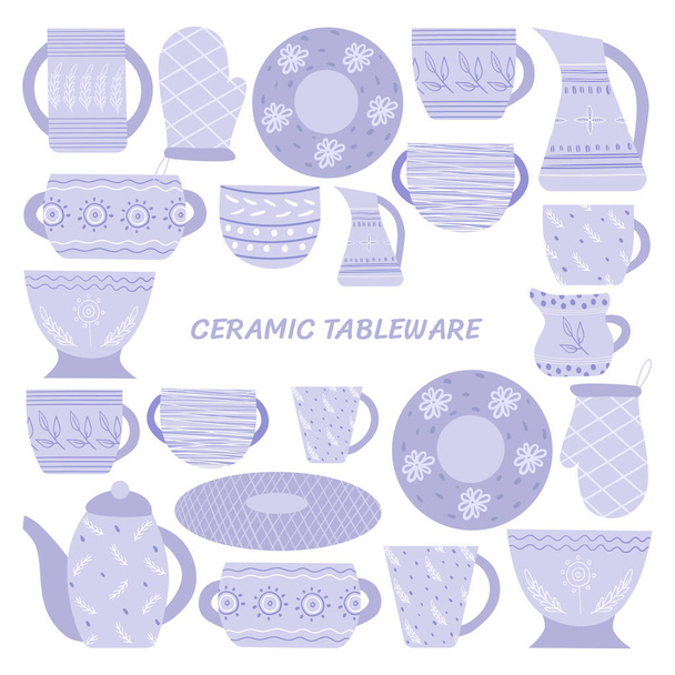 Una serie di diversi piatti in ceramica. Illustrazione vettoriale su sfondo bianco. - Vettoriali, immagini
