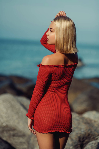 Sensual lady wearing red dress standing on rock in blue sea. Looking on amazing sideview, horizone. Feeling good, free, happy. - 写真・画像