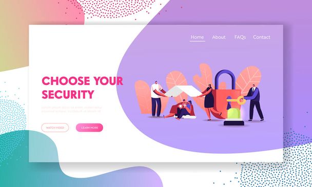 Security Landing Page Template. Characters Drinking Coffee Sitting under Roof, Tiny Man Closing Huge Lock with Key, Signaling. Home and Life Protection, Safety. Cartoon People Vector Illustration - Vector, Image