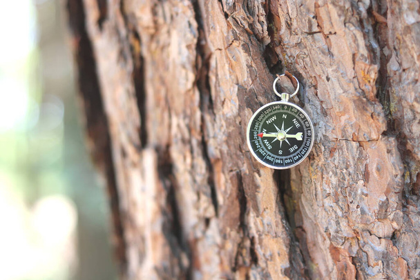 круглий компас на природному дерев'яному фоні як символ туризму з компасом, подорожі з компасом та активний відпочинок з компасом
 - Фото, зображення