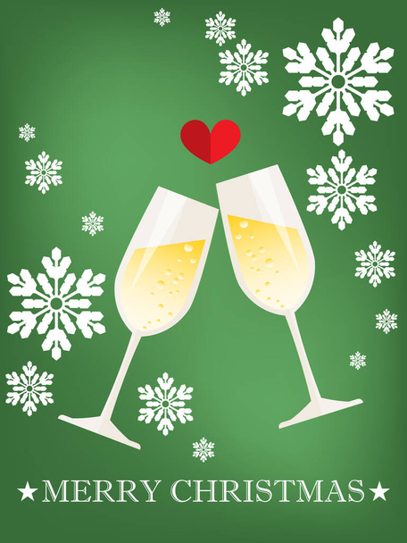 Kırmızı kalpli, kar taneli ve yeşil arka planda Mutlu Noeller yazılı iki bardak şampanya. Xmas ve kış tatilleri için tasarım. - Vektör, Görsel