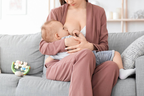Lactation Concept. Mother Breastfeeding Her Toddler Son At Home, Cropped Image - Photo, Image