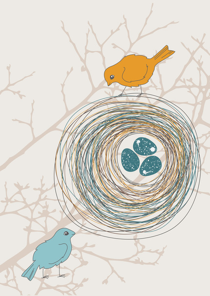 Two Birds and Nest - Vector, Image