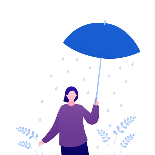 Psikoloji, duygu ve mevsim hava durumu. Vektör düz insan çizimi. Şemsiyeli kadın karakter yağmur altında tek başına duruyor. Psikoterapi hastası. Ruh sağlığı afişi için tasarım, web. - Vektör, Görsel