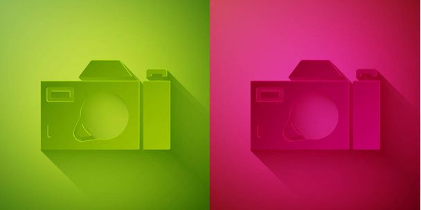 Paper cut Photo camera icon isolated on green and pink background. Foto camera icon. Paper art style. Vector. - Vector, Image