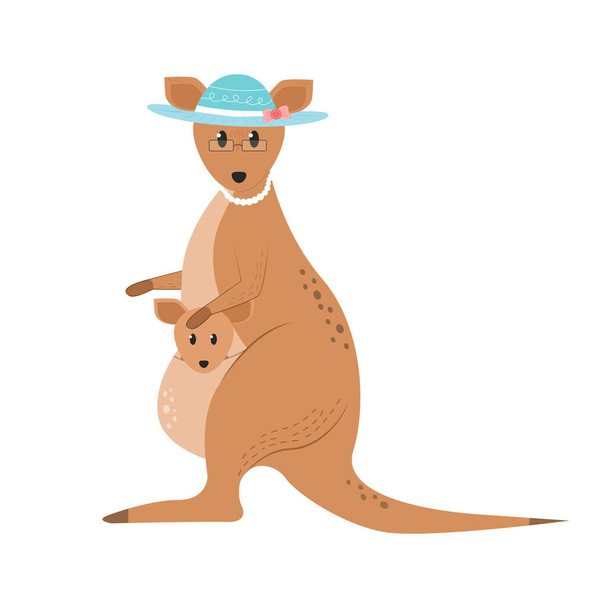 Illustration d'un kangourou animal dans un chapeau avec un kangourou dans un sac. Caractère kangourou avec bébé en sac. - Vecteur, image