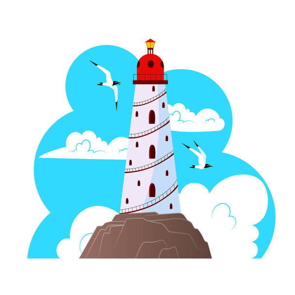 Old white lighthouse against the sky with clouds and seagulls. Sticker. Vector - Vektor, Bild