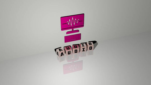 Représentation 3D d'AUDIO avec icône sur le mur et texte arrangé par des lettres cubiques métalliques sur un plancher miroir pour la signification du concept et la présentation du diaporama. illustration et contexte - Photo, image