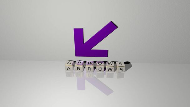 3D απεικόνιση των γραφικών ARROWS και κείμενο γίνεται με μεταλλικά γράμματα ζάρια για τις σχετικές έννοιες της έννοιας και των παρουσιάσεων. φόντο και σχεδιασμός - Φωτογραφία, εικόνα