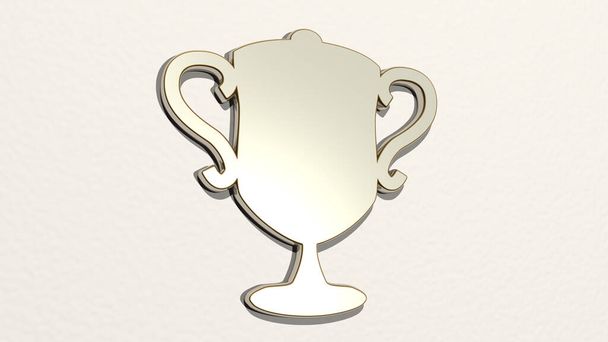 trophy on the wall. 3D illustration of metallic sculpture over a white background with mild texture. award and cup - Photo, Image
