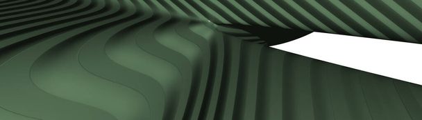 Ilustração 3D ultra ampla de uma forma geométrica de cor verde marinho escuro em um fundo abstrato branco como uma superfície curva e brilhante com reflexão direta da luz. preto e azul
 - Foto, Imagem