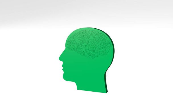 lidská hlava vytvořená 3D ilustrací lesklé kovové sochy na stěně se světelným pozadím. koncept a ikona - Fotografie, Obrázek