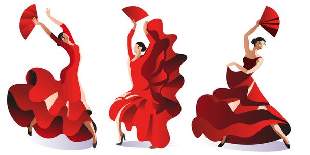 Drie vrouwen in rode jurken met fans dansen flamenco. - Vector, afbeelding