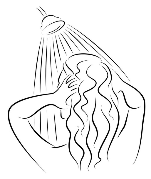 Kauniin nuoren naisen siluetti. Tyttö pesee suihkun veden alla. Nainen pesee hiuksensa, päänsä shampoolla. Vektoriesimerkki. - Vektori, kuva