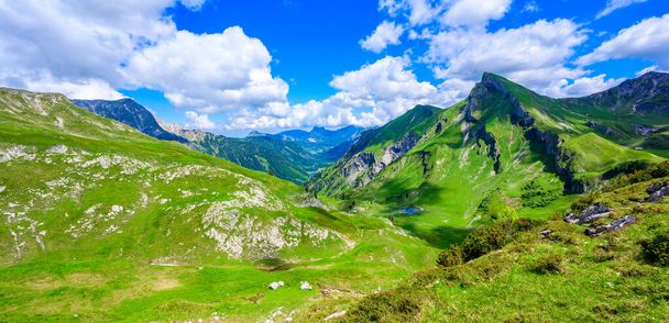 Alplsee y Rote Spitze Montaña en Tannheimer Tal con el Vilsalpsee en el fondo, hermosos paisajes de montaña en los Alpes en Tannheim, Reutte, Tirol Austria - Foto, imagen