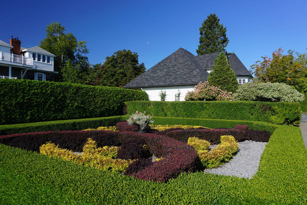 St. Andrews, New Brunswick, Kanada: Okrasné živé ploty a květiny v botanické zahradě Kingsbrae, za slunečného dne. - Fotografie, Obrázek