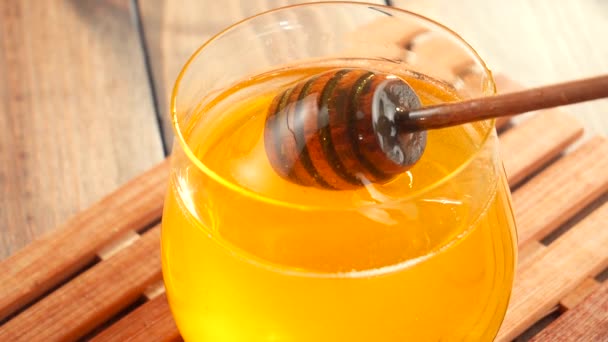 Un bâton de miel en bois tourne lentement dans le fond de miel. - Séquence, vidéo
