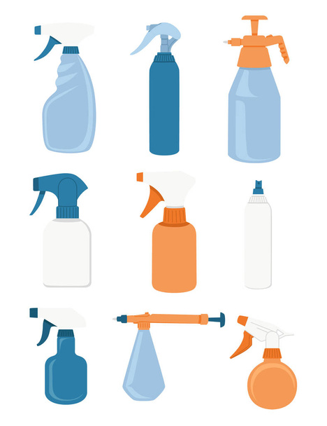 Набор распылительных пластиковых бутылок красочные и различные формы спрей для воды или химической жидкости антисептические плоские векторные иллюстрации изолированы на белом фоне
 - Вектор,изображение