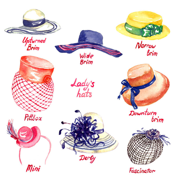 Дамские шляпы типов: Перевернутый край, Широкий край, Узкий край, Downturn Brim, Pillbox, Мини, Дерби, Fascinator, ручной окрашены акварелью иллюстрации - Фото, изображение