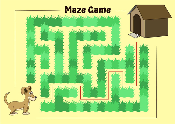 犬と犬の迷路。子供のための教育ゲーム。犬がその犬小屋に走るのを助ける-解決策と迷路パズル - ベクター画像