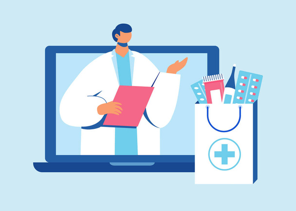 Online pharmacy concept. Pharmacist helps to collect an order on the site. - Vector, Image
