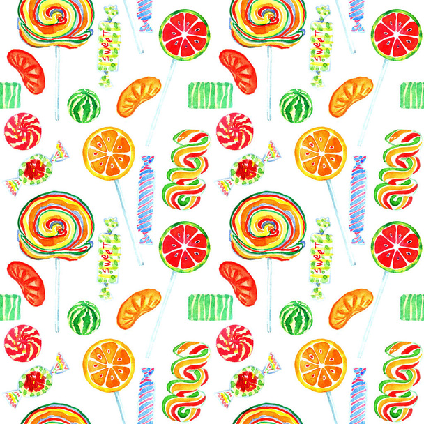 Hedelmäinen tikkarit makea kirkkaita värejä karkkeja, saumaton kuvio valkoisella taustalla - Valokuva, kuva