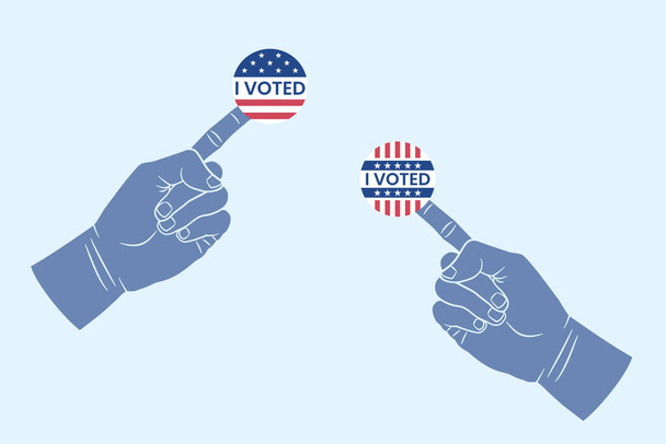 Αμερικανική εκλογική ιδέα - χέρι με το χέρι ψήφισα αυτοκόλλητο στο δάχτυλο. Ψηφίστε, ψηφίζοντας αυτοκόλλητο εκστρατείας. Αμερικανικές προεδρικές εκλογές. Ψήφισα σήμα για την ημέρα των εκλογών. Εικονογράφηση διανύσματος - Διάνυσμα, εικόνα