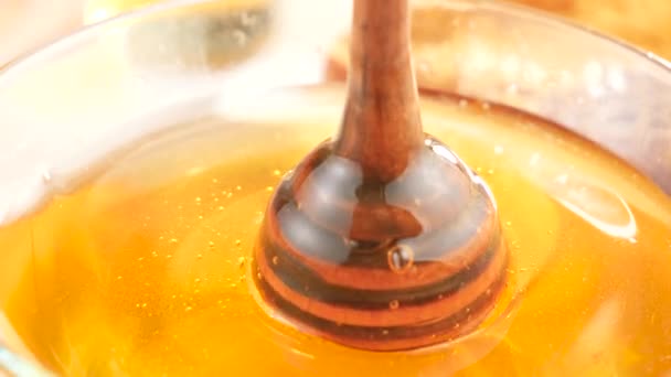 Ein hölzernes Honigstäbchen dreht sich langsam im Honigboden. - Filmmaterial, Video