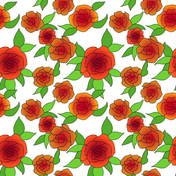 Seamless pattern with stylized roses and leaves in bright colors, ornament for wallpaper and fabric, wrapping paper, scrapbooking, background for different designs - Vector, Imagen