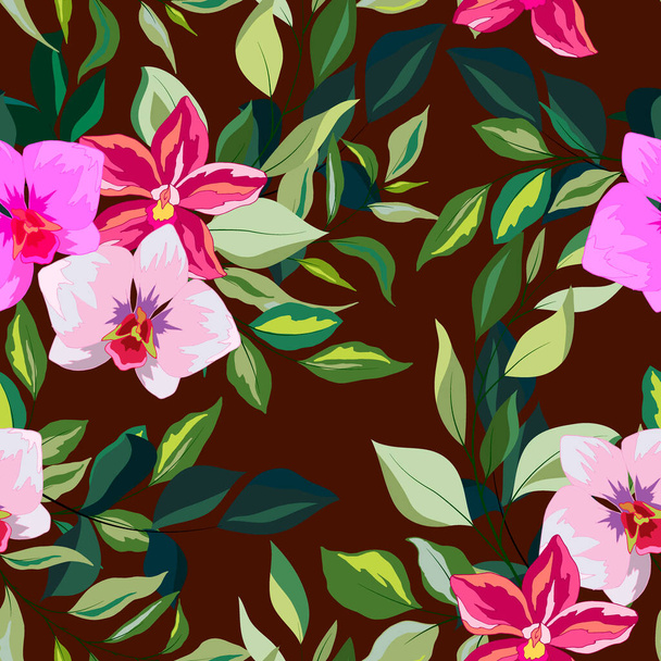 seamless pattern in bright colors with leaves of orchid flowers, ornament for wallpaper and fabric, wrapping paper, scrapbooking, background for different designs - Vektor, Bild