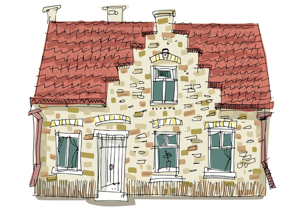 Tradycyjna średniowieczna fasada w centrum starego miasta Brugii (Brugia), Belgia. Kreskówka. Karykatura. Ręcznie rysowany szkic. - Wektor, obraz