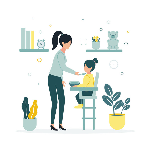 Illustration vectorielle d'une femme nourrit une petite fille assise dans une chaise haute, sur le fond d'une étagère avec des livres et une poire, une horloge, des pots de fleurs avec des plantes d'intérieur. - Vecteur, image