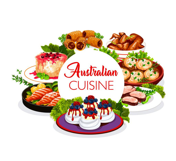 Menú de platos de cocina australiana, comidas tradicionales de Australia y pastelería. Carne de ternera australiana, cordero en hojaldre, patatas de romero arrugadas, pollo alitas barbacoa y galletas Anzac
 - Vector, imagen