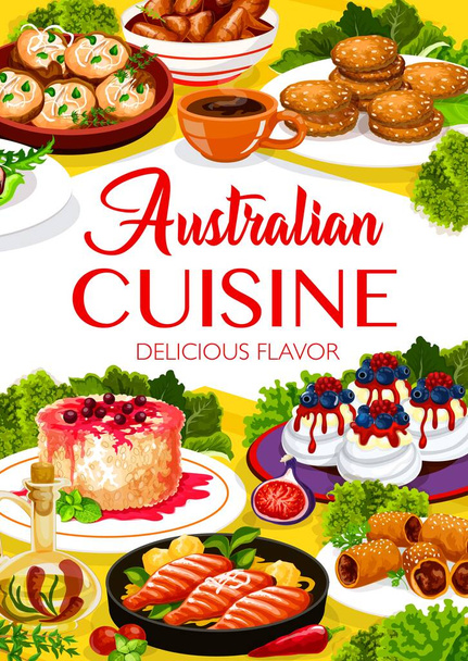 Ausztrál konyha ételek étlap borító. Barbecue csirkeszárnyak, halak és italok. Ausztrál Pavlova pite, rizspuding, borjúhús, bárány paffban és gyűrött rozmaringburgonya, Anzac süti - Vektor, kép