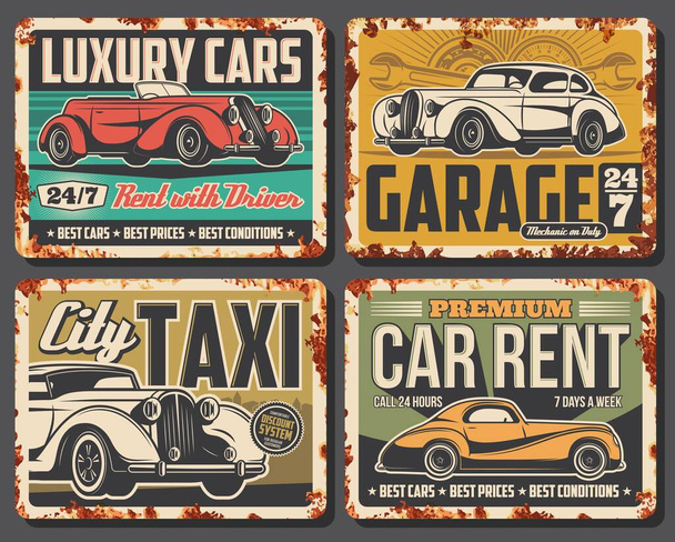 Cars rusty metal plates, retro auto service vector rust tin signs. Mechanic garage and vehicle maintenance station. Automobile repair and luxury premium cars rent, city taxi vintage rust effect cards - Vector, Image