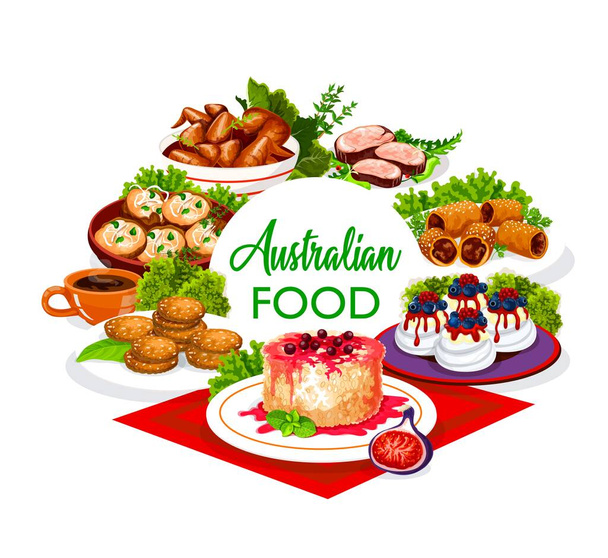 Australialaista ruokaa, lounasta, illallisaterioita, kaukaloita ja välipaloja, vektoribuffet. Australian vasikanliha, lampaanliha leivonnaisissa, grillikana siivet, Pavlova kakut ja Anzac evästeet - Vektori, kuva