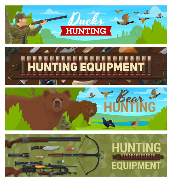 狩猟スポーツ用品や装備、森の鳥や動物を狩りにライフル弾薬を持つハンター。アヒルや野生のクマ、双眼鏡、バンドラー弾丸カートリッジベルトとクロスボウの狩猟 - ベクター画像