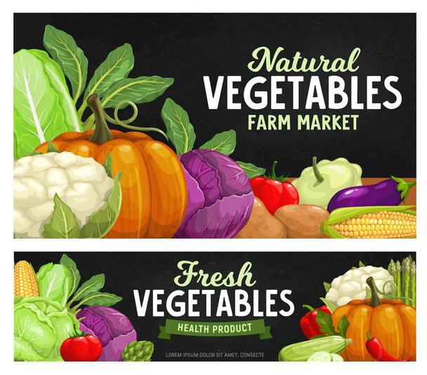 Ώριμα λαχανικά αγροκτήματος chalkboard, προϊόντα πρασίνου συγκομιδή τροφίμων, vector veggies. Βιολογικά λαχανικά αγροκτήματος λάχανο κουνουπίδι, σπαράγγια, καλαμπόκι, κολοκύθα και πιπέρι, μανιτάρια και ντομάτα - Διάνυσμα, εικόνα