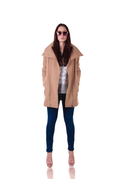 Estudio de tiro de moda: hermosa chica en abrigo marrón
 - Foto, Imagen