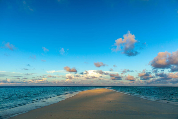 モルディブの素晴らしい空の風景。ドローンや飛行機からの完璧な青い海とサンゴ礁の景色。エキゾチックな夏の旅行や休暇の風景、砂州付きのラウンジャー。自由と逃亡の概念. - 写真・画像