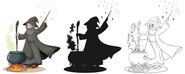 Чарівник в кольорі і контур і силует мультяшний персонаж ізольований на білому тлі ілюстрації
 - Вектор, зображення