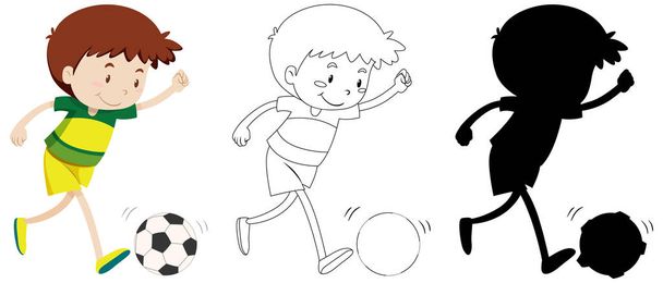 Boy playing football in colour and outline and silhouette illustration - Vector, Image