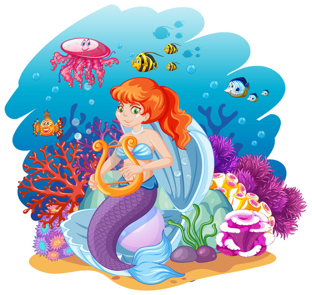 海を背景にした人魚と海の動物の漫画風のセット図 - ベクター画像